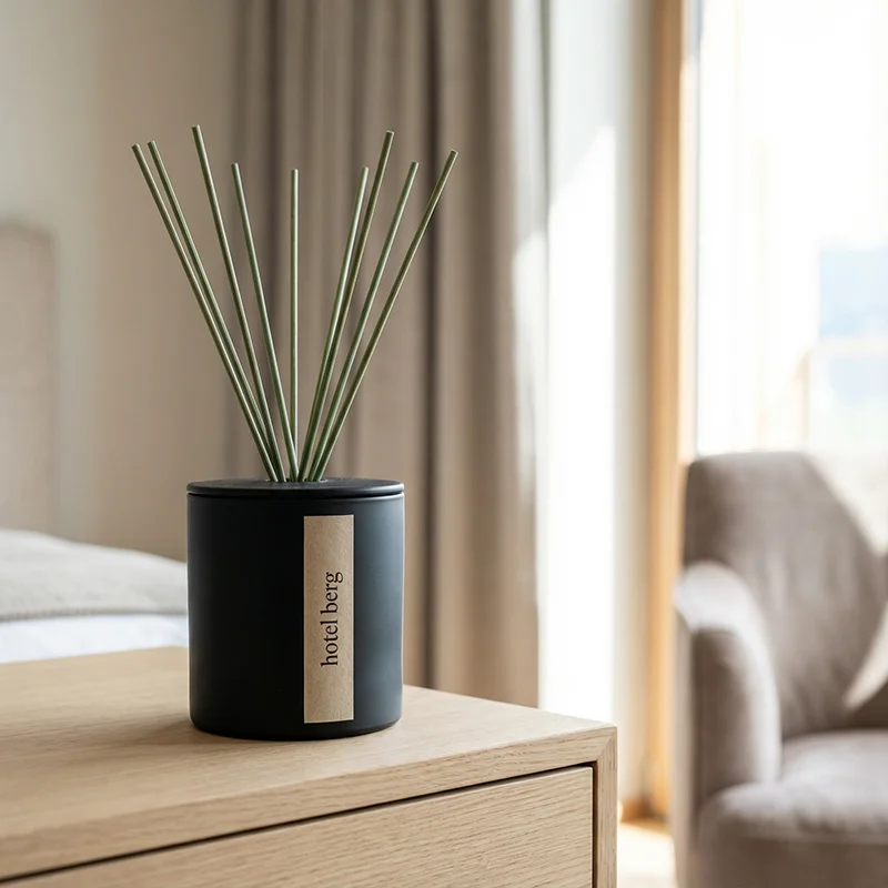 Individuelles Raumduftkonzept für Hotels, Gastgeber oder Unterkünfte. Eine schwarze Premiumflasche mit grünen Stäbchen auf einem Sideboard